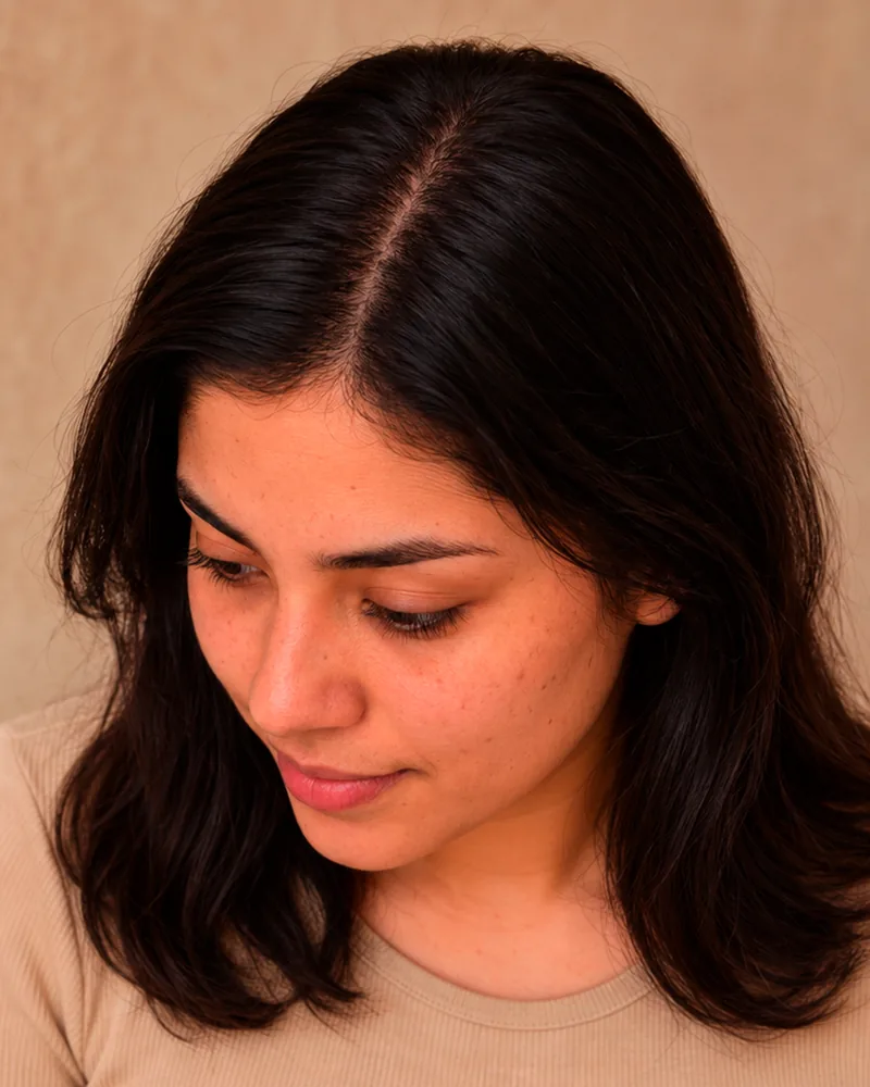 La misma paciente con la raya más cubierta y más cabello después de seis meses