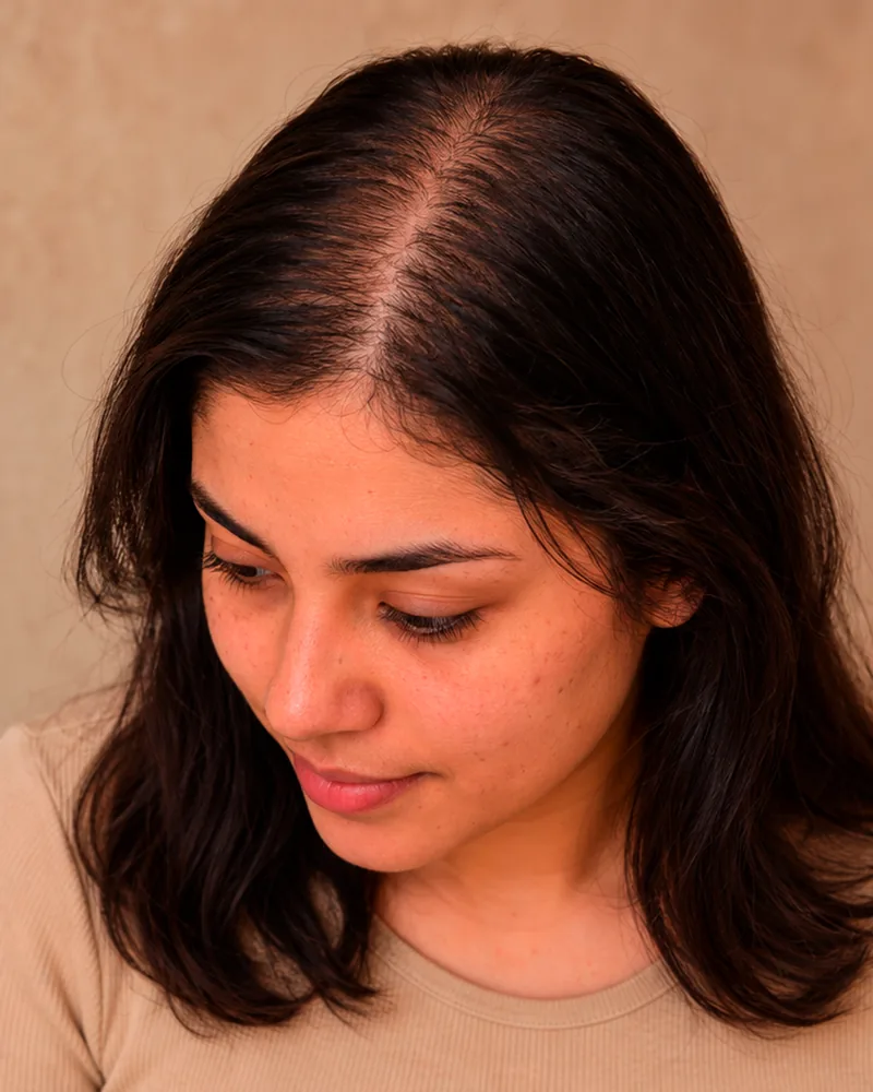 Paciente mujer con la raya del cabello ancha y poco cabello visto desde arriba antes del tratamiento