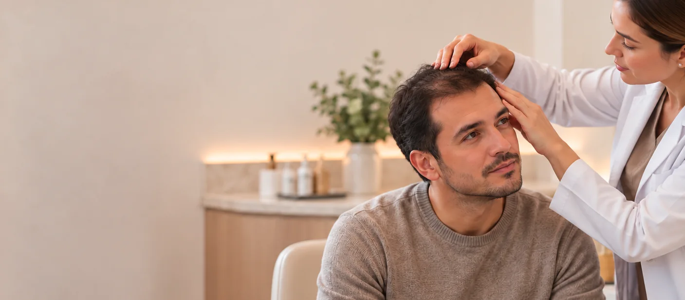 Una especialista revisa el cuero cabelludo de un paciente con caída del cabello