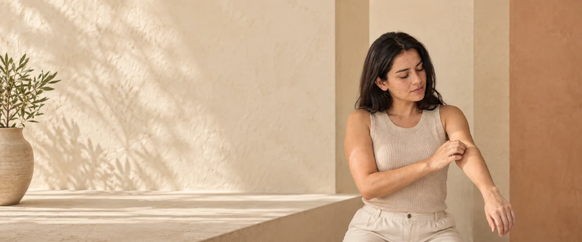 Mujer rascándose el antebrazo por comezón en la piel, síntoma de dermatitis