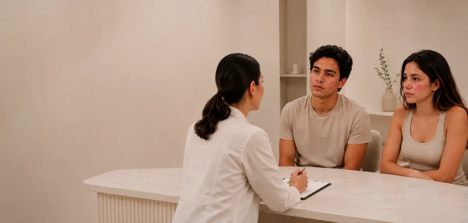 Especialista revisando la piel de pacientes en consulta