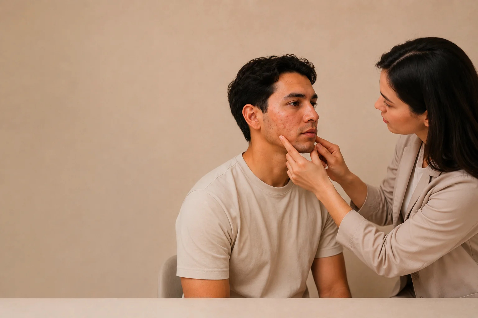 Una especialista revisa la piel del rostro de un paciente con marcas de acné